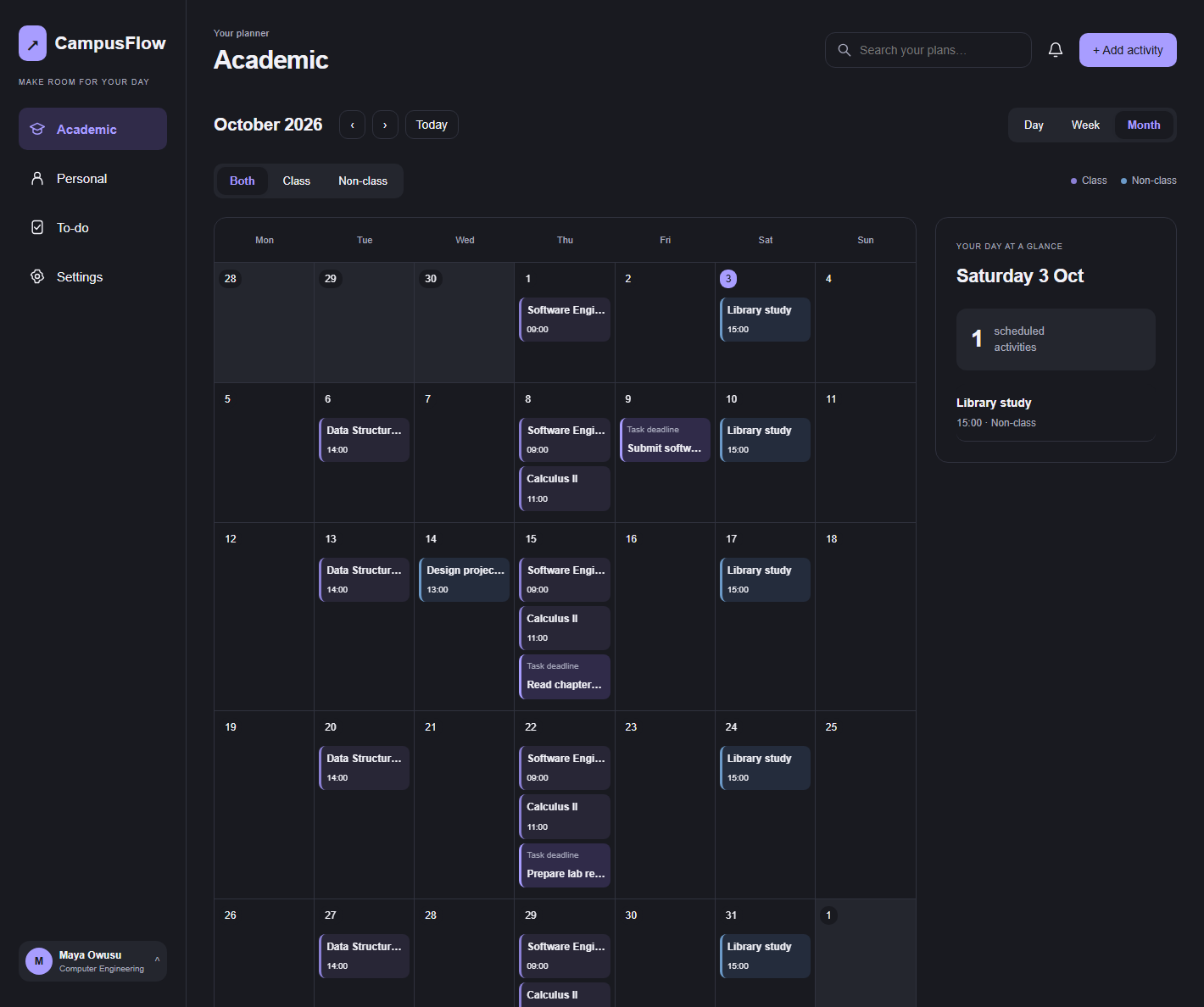 CampusFlow weekly calendar showing a clear student schedule