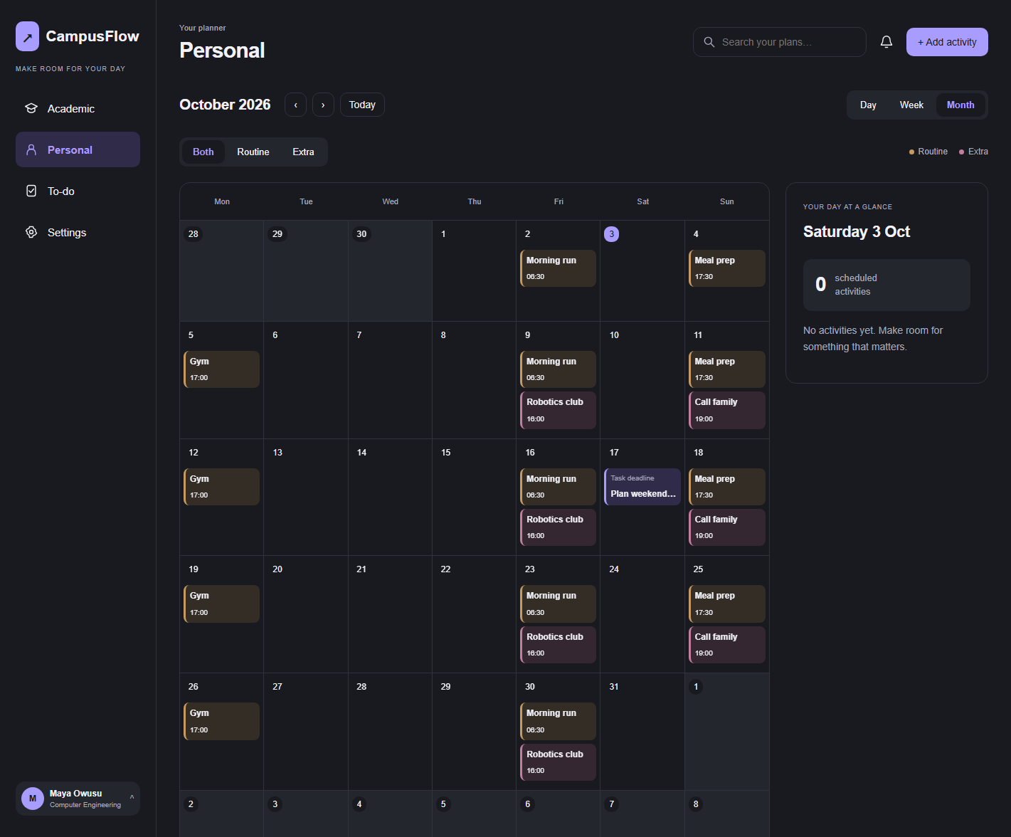 CampusFlow Personal calendar showing routines and plans outside class